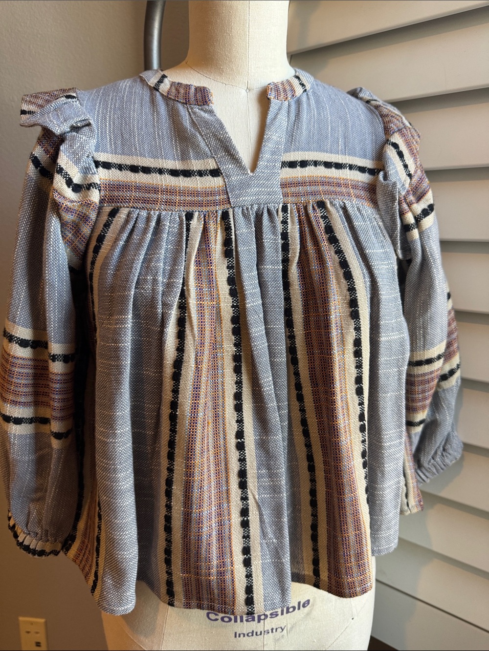dRA Los Angeles Boho Striped Peasant Blouse in Light Blue and Neutral Stripes